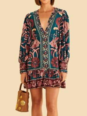 FARM Rio Floral Mini Dress in Teal and Pink